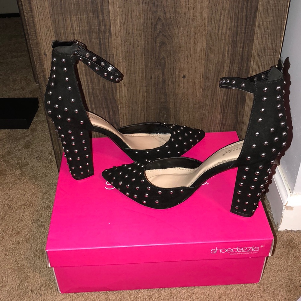 Shoe Dazzle Black Studded Ankle Strap Block Heels